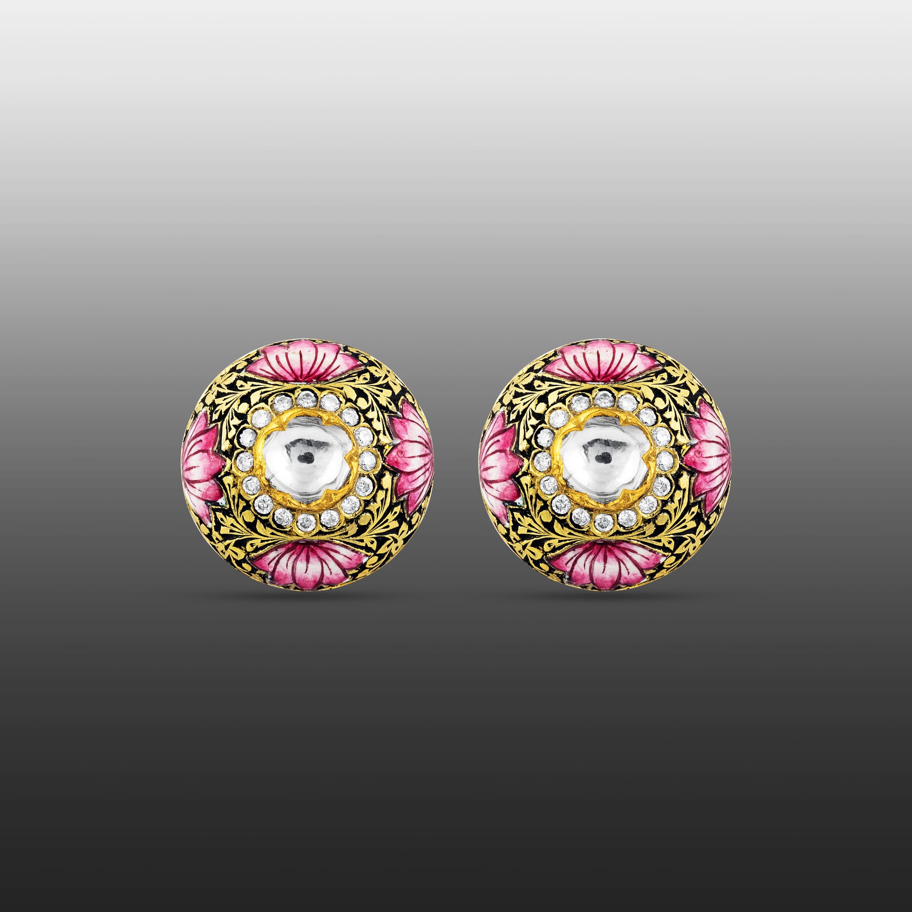 Partash Studs with Polki, Full-Cut Diamonds, and Lotus Enamel